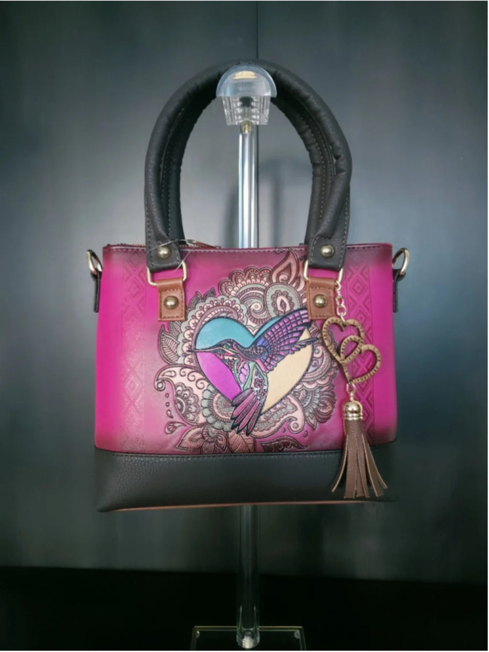 Mexican Hummingbird Embossed VEGAN Leather Handbag – Magenta Pink & Dark Brown